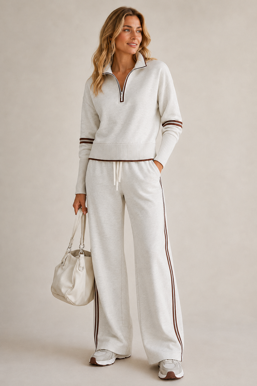 Ensemble femme en maille pull col zippé et pantalon large – Blanc