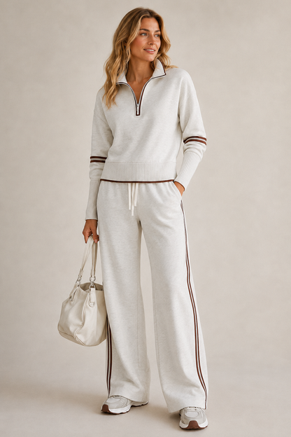 Ensemble femme en maille pull col zippé et pantalon large – Blanc