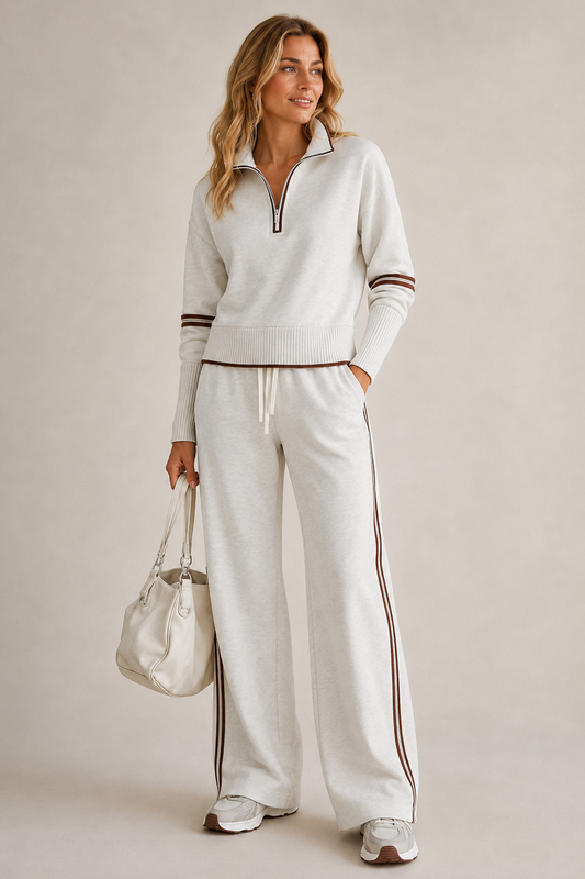 Ensemble femme en maille pull col zippé et pantalon large – Blanc