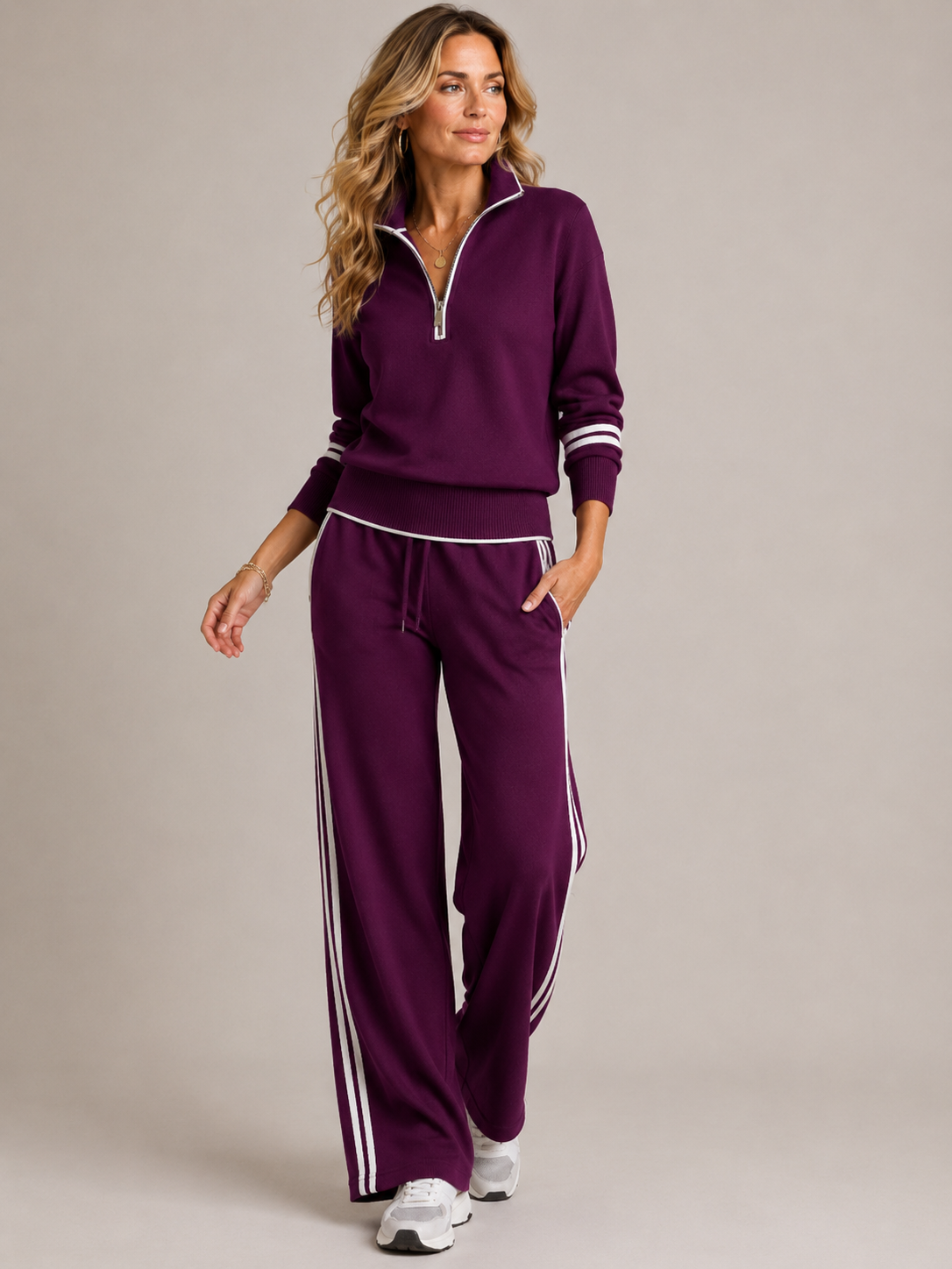 Ensemble femme en maille pull col zippé et pantalon large – Violet