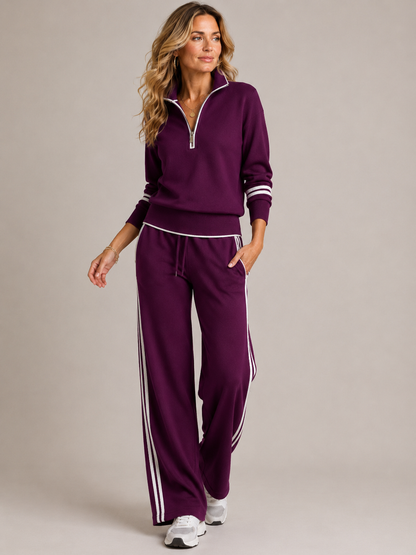 Ensemble femme en maille pull col zippé et pantalon large – Violet