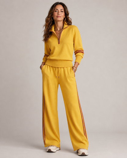 Ensemble femme en maille pull col zippé et pantalon large – Jaune