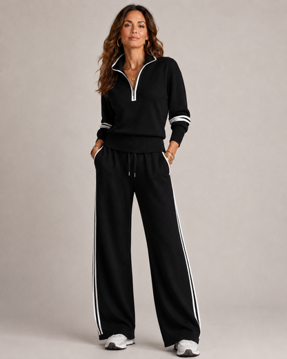 Ensemble femme en maille pull col zippé et pantalon large – Noir