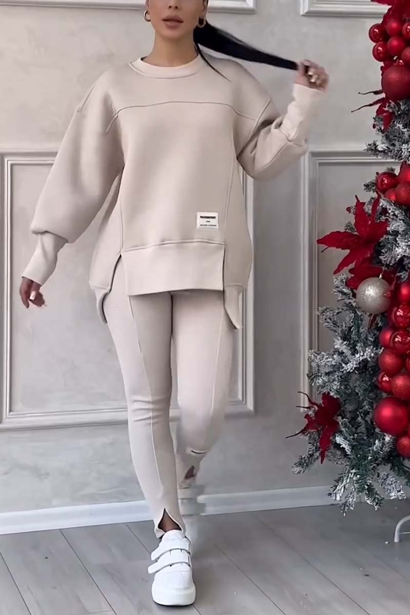 Ensemble jogging femme pull long oversize et legging – Beige