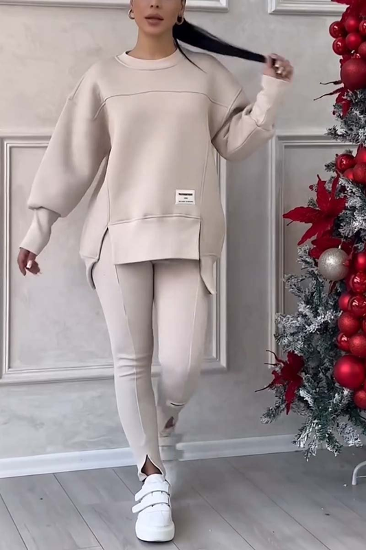 Ensemble jogging femme pull long oversize et legging – Beige