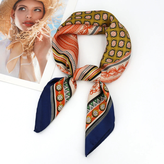 Foulard femme carré satiné à imprimé fleuri – Rétro orange et marine