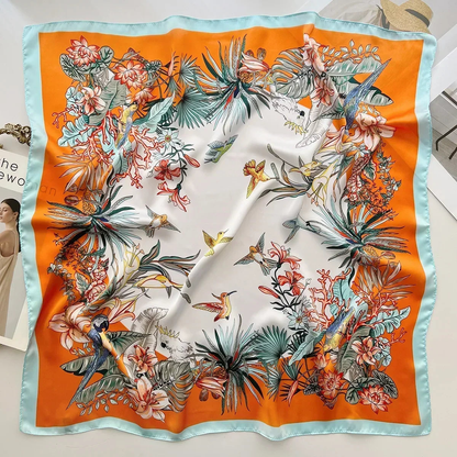 Foulard femme carré satiné à imprimé fleuri – Tropical orange