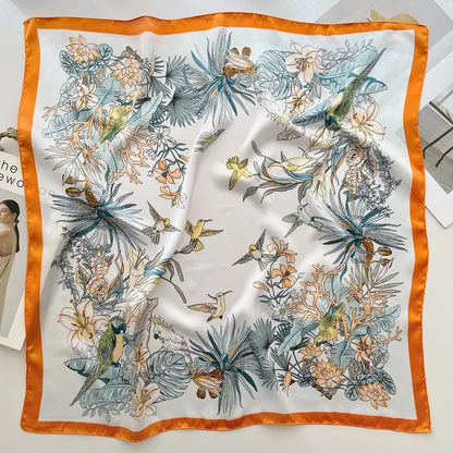 Foulard femme carré satiné à imprimé fleuri – Tropical blanc