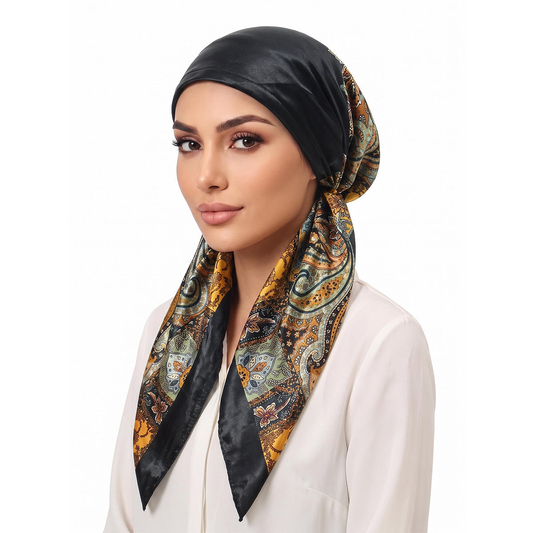 Foulard femme grand carré satiné à nouer aux cheveux ou au cou – Noir