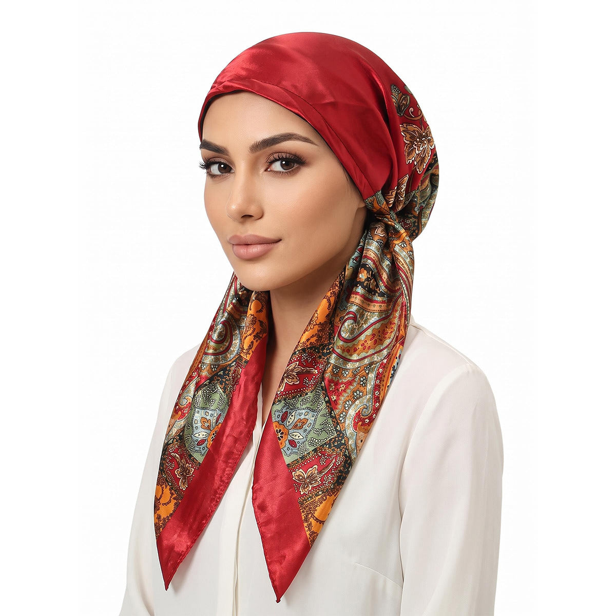 Foulard femme grand carré satiné à nouer aux cheveux ou au cou – Rouge