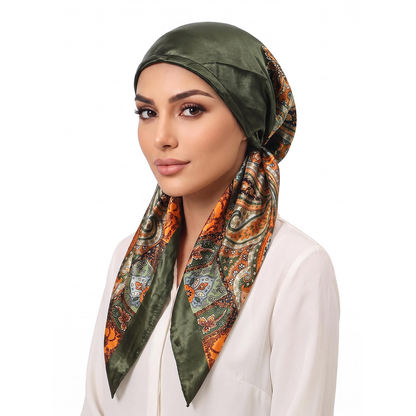 Foulard femme grand carré satiné à nouer aux cheveux ou au cou – Kaki