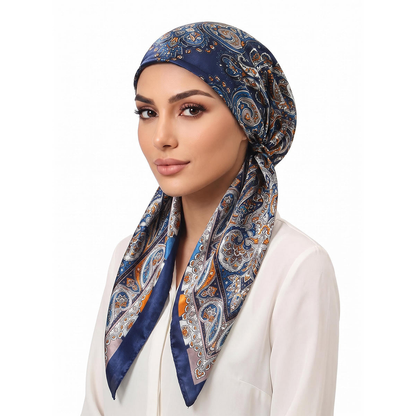 Foulard femme grand carré satiné à nouer aux cheveux ou au cou – Bleu