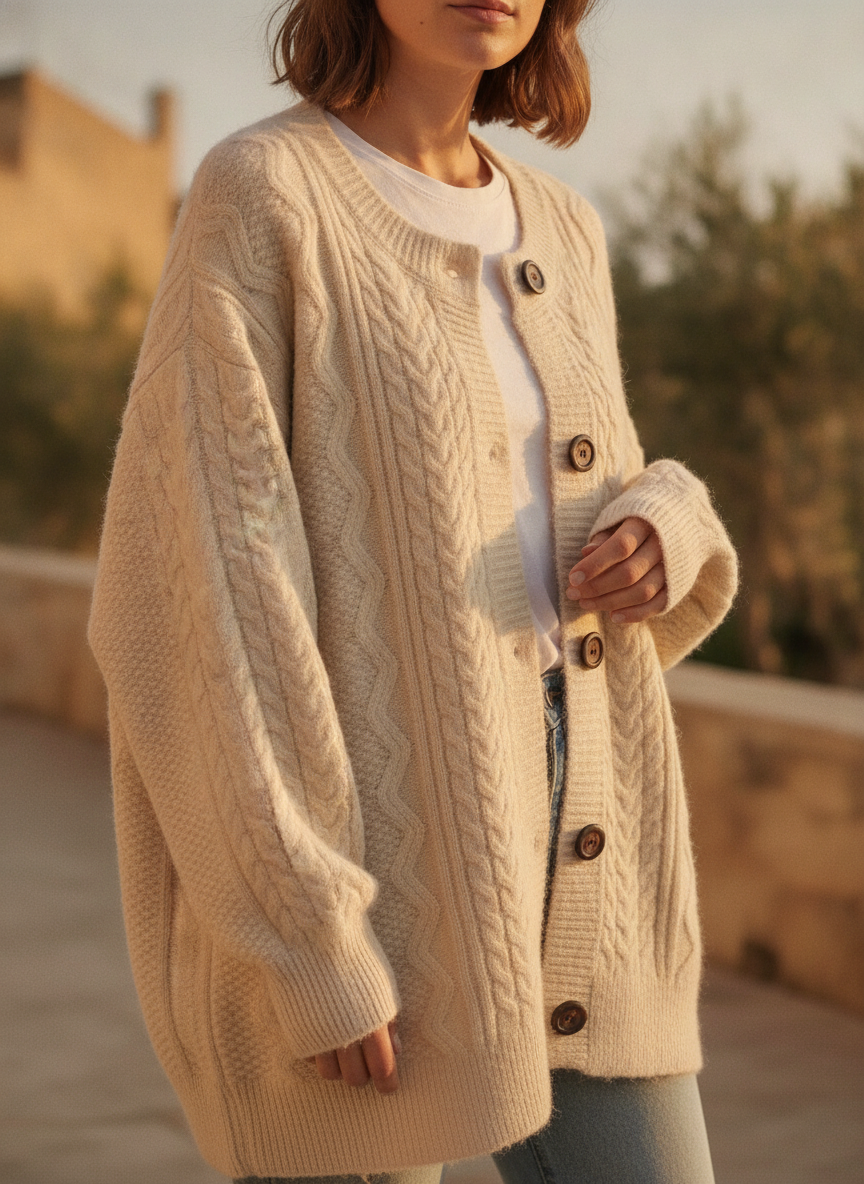 Gilet grosse maille femme torsadé à boutons contrastants