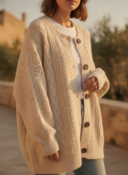 Gilet grosse maille femme torsadé à boutons contrastants