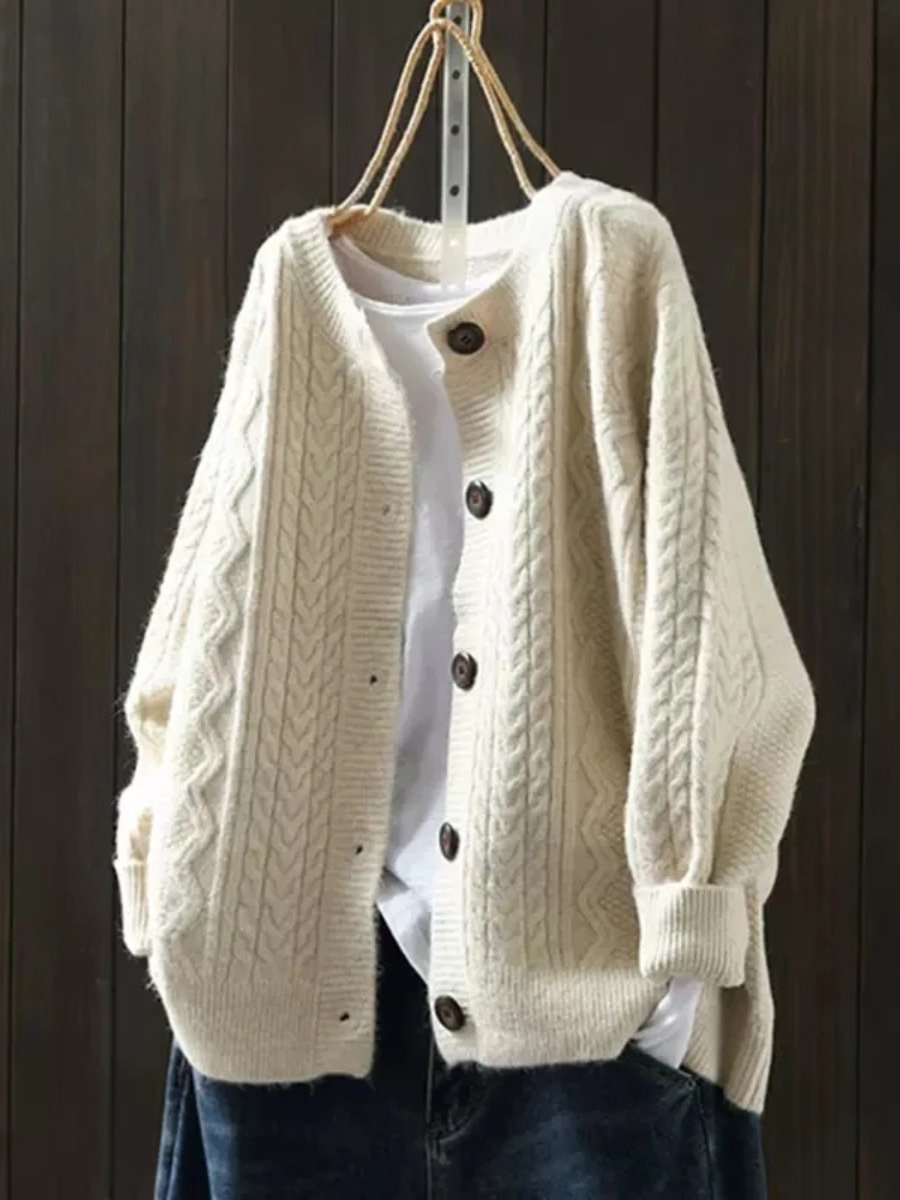 Gilet grosse maille femme torsadé à boutons contrastants – Beige