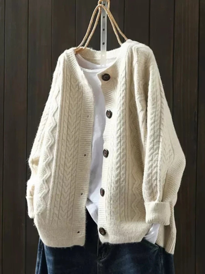 Gilet grosse maille femme torsadé à boutons contrastants – Beige