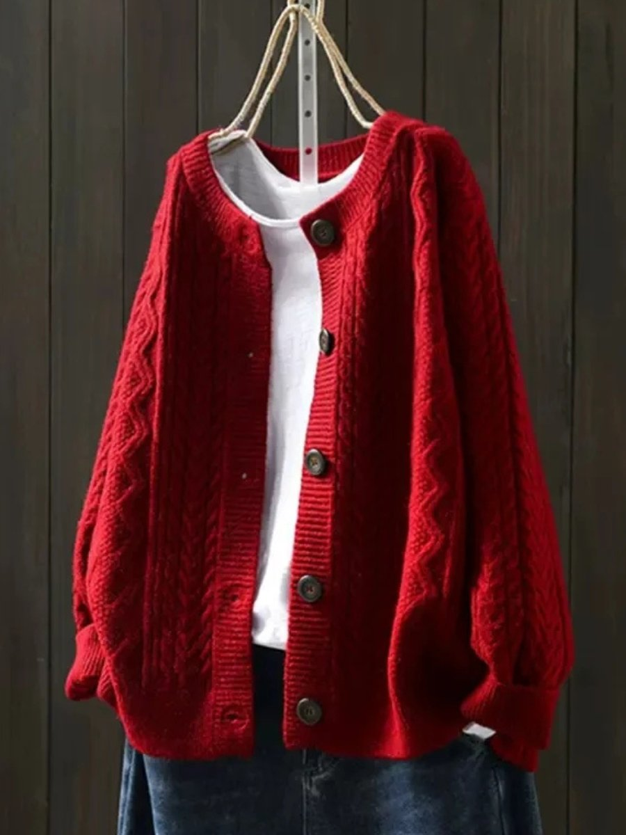 Gilet grosse maille femme torsadé à boutons contrastants – Rouge