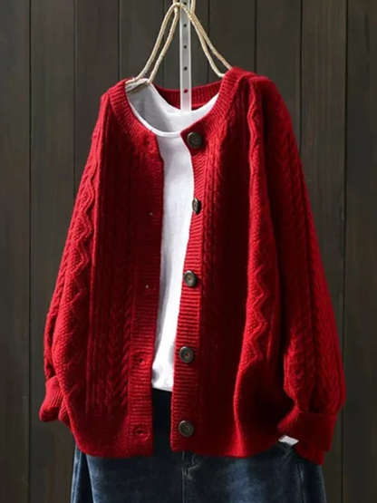 Gilet grosse maille femme torsadé à boutons contrastants – Rouge