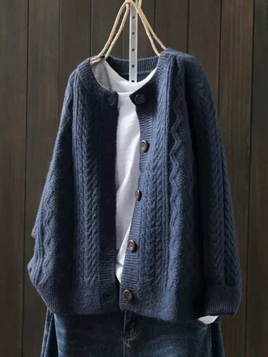 Gilet grosse maille femme torsadé à boutons contrastants – Bleu marine