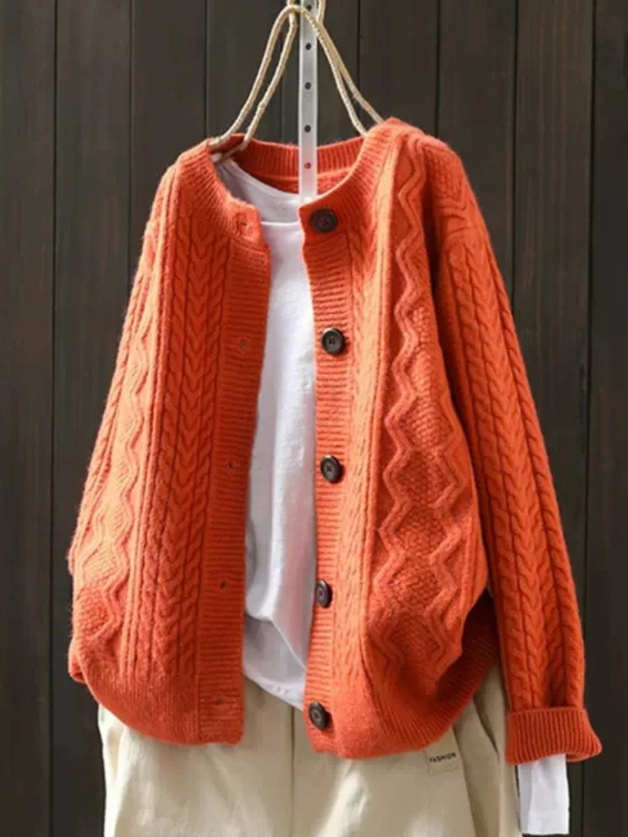 Gilet grosse maille femme torsadé à boutons contrastants – Orange