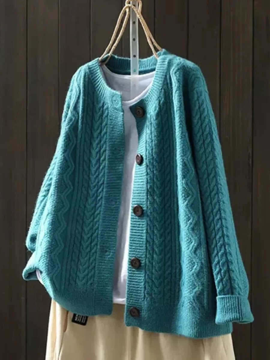 Gilet grosse maille femme torsadé à boutons contrastants – Bleu