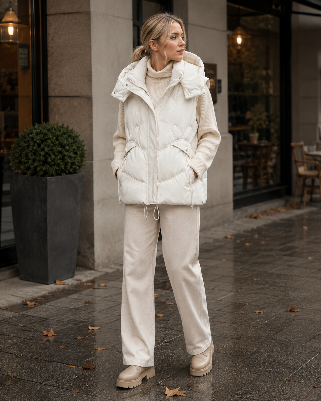 Gilet sans manche femme à capuche amovible – Crème