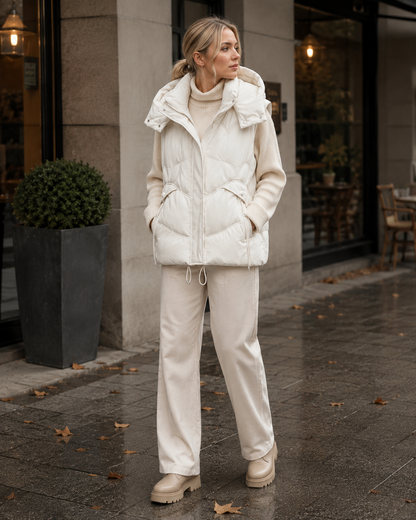 Gilet sans manche femme à capuche amovible – Crème