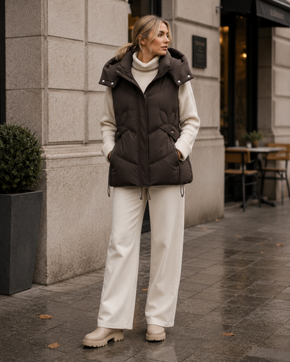 Gilet sans manche femme à capuche amovible – Marron