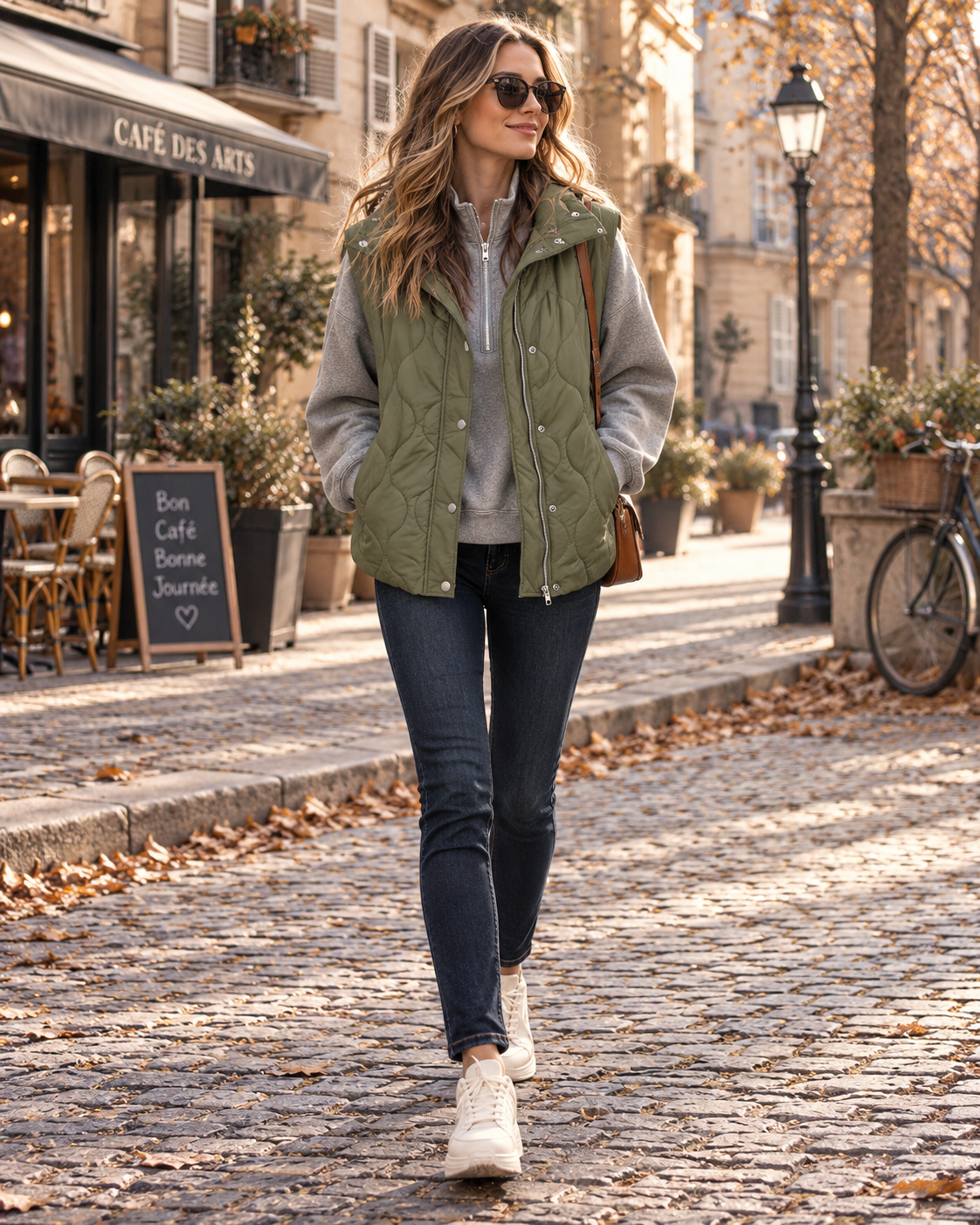 Gilet sans manche femme matelassé court à poches – Vert