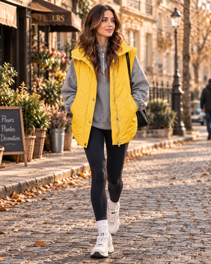 Gilet sans manche femme matelassé court à poches – Jaune
