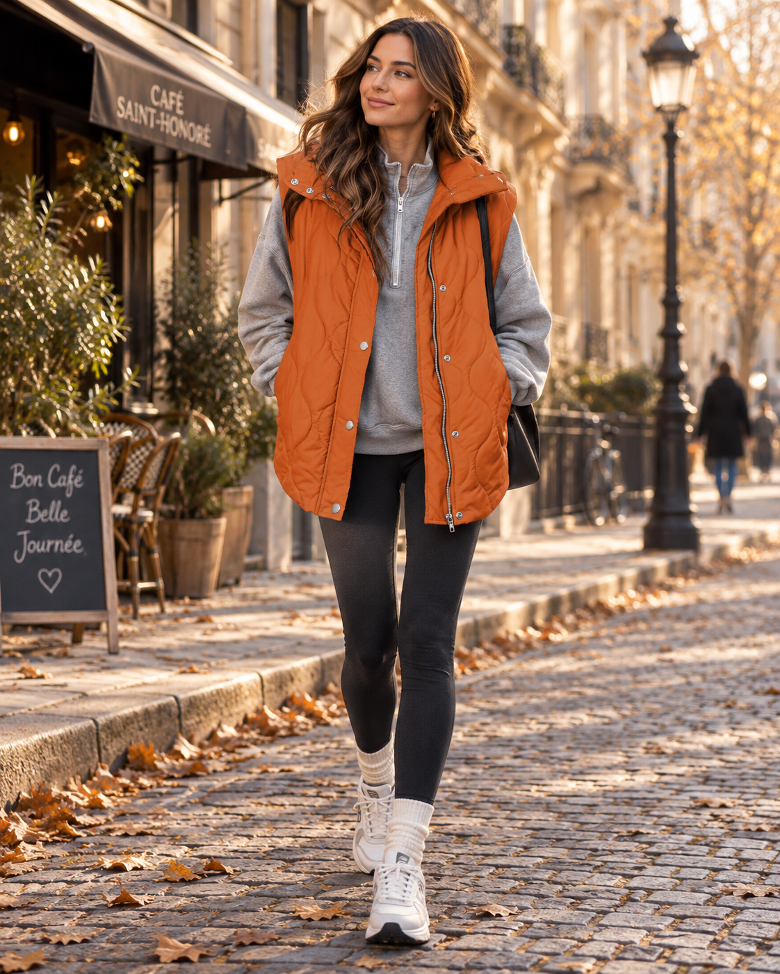 Gilet sans manche femme matelassé court à poches – Orange