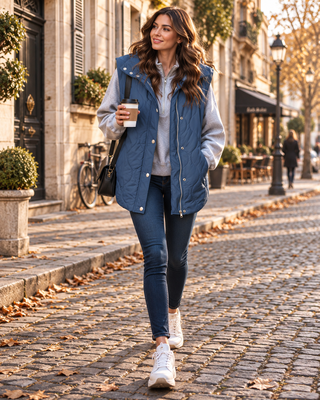 Gilet sans manche femme matelassé court à poches – Bleu