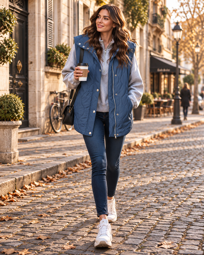 Gilet sans manche femme matelassé court à poches – Bleu