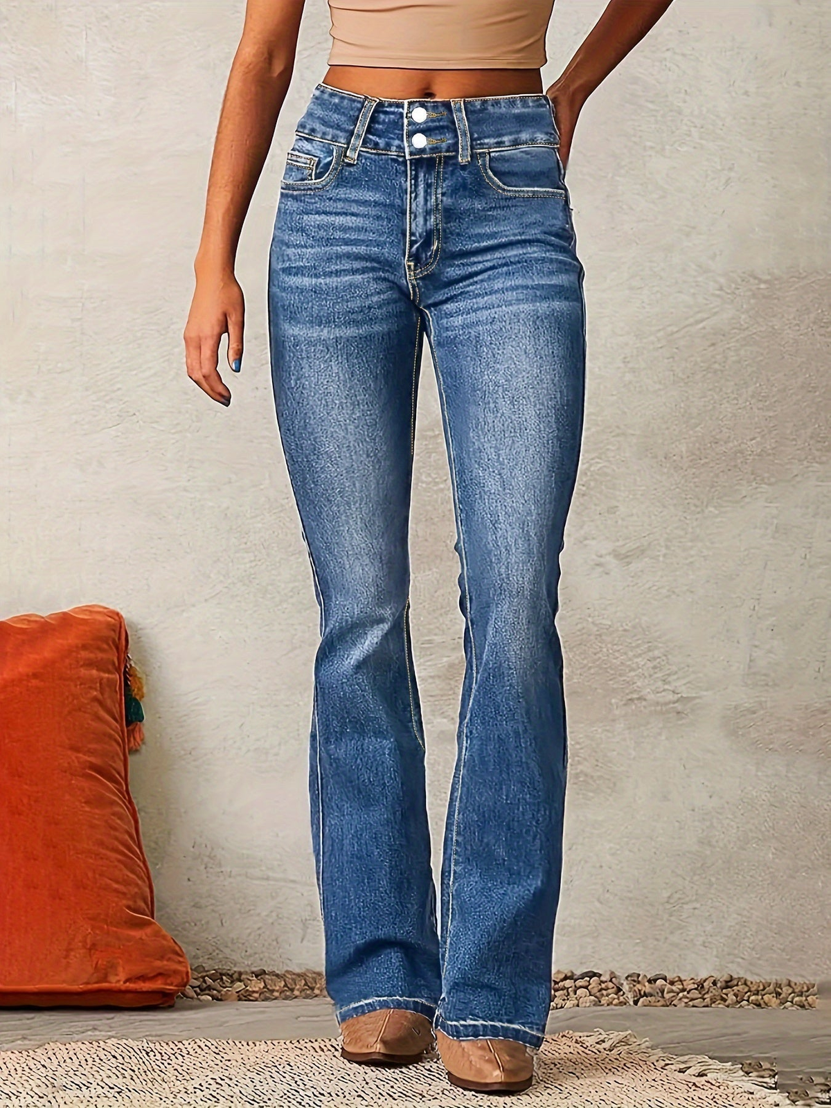 Jean large femme taille haute légèrement extensible – Bleu océan