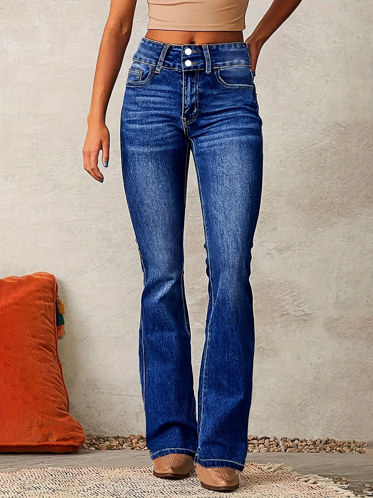 Jean large femme taille haute légèrement extensible – Bleu foncé