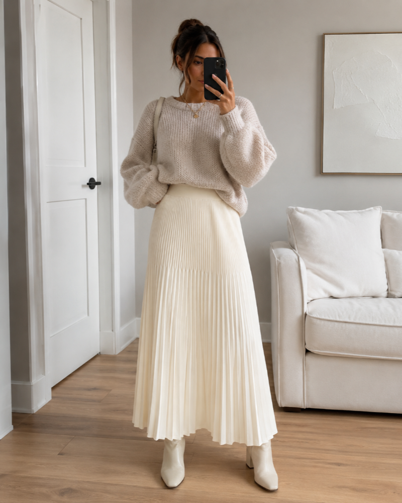 Jupe longue femme en maille plissée à taille élastique – Crème