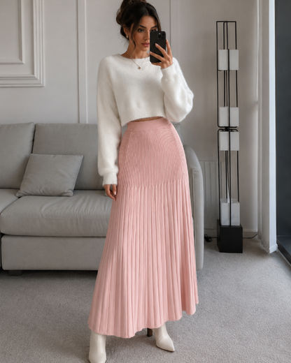 Jupe longue femme en maille plissée à taille élastique – Rose