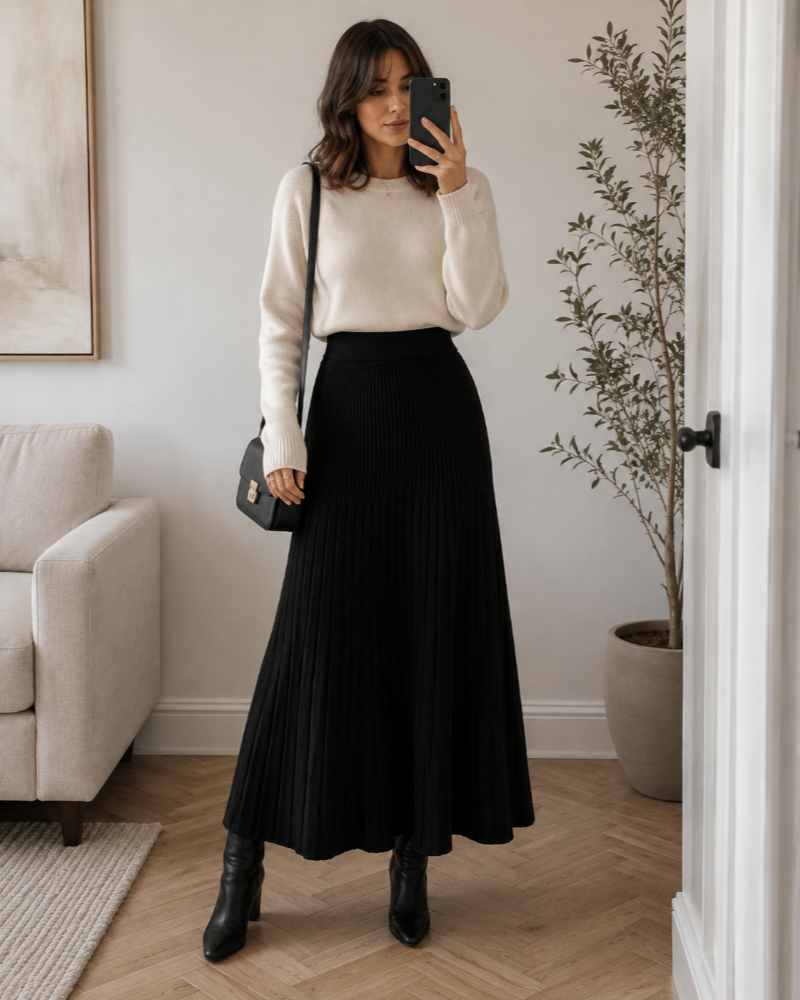 Jupe longue femme en maille plissée à taille élastique – Noir