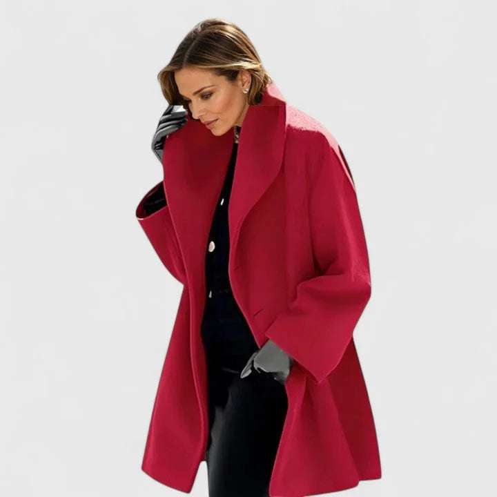 Manteau femme aspect laine à col châle boutonné – Rouge