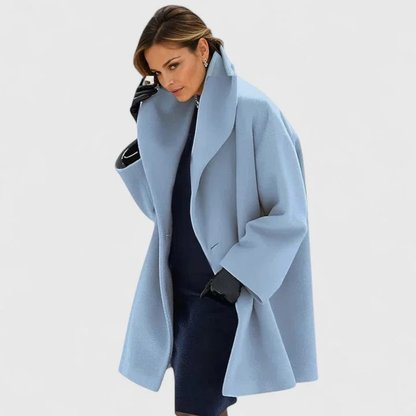Manteau femme aspect laine à col châle boutonné – Bleu