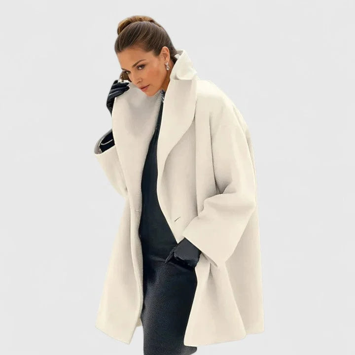 Manteau femme aspect laine à col châle boutonné – Blanc
