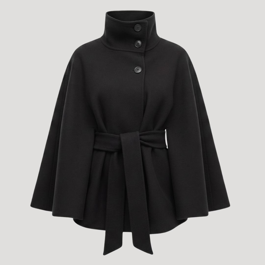 Manteau femme coupe cape à col montant et ceinture à nouer – Noir