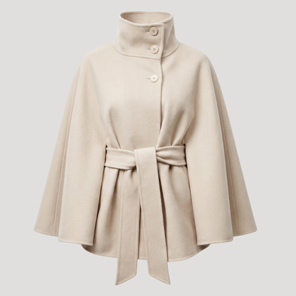 Manteau femme coupe cape à col montant et ceinture à nouer – Blanc