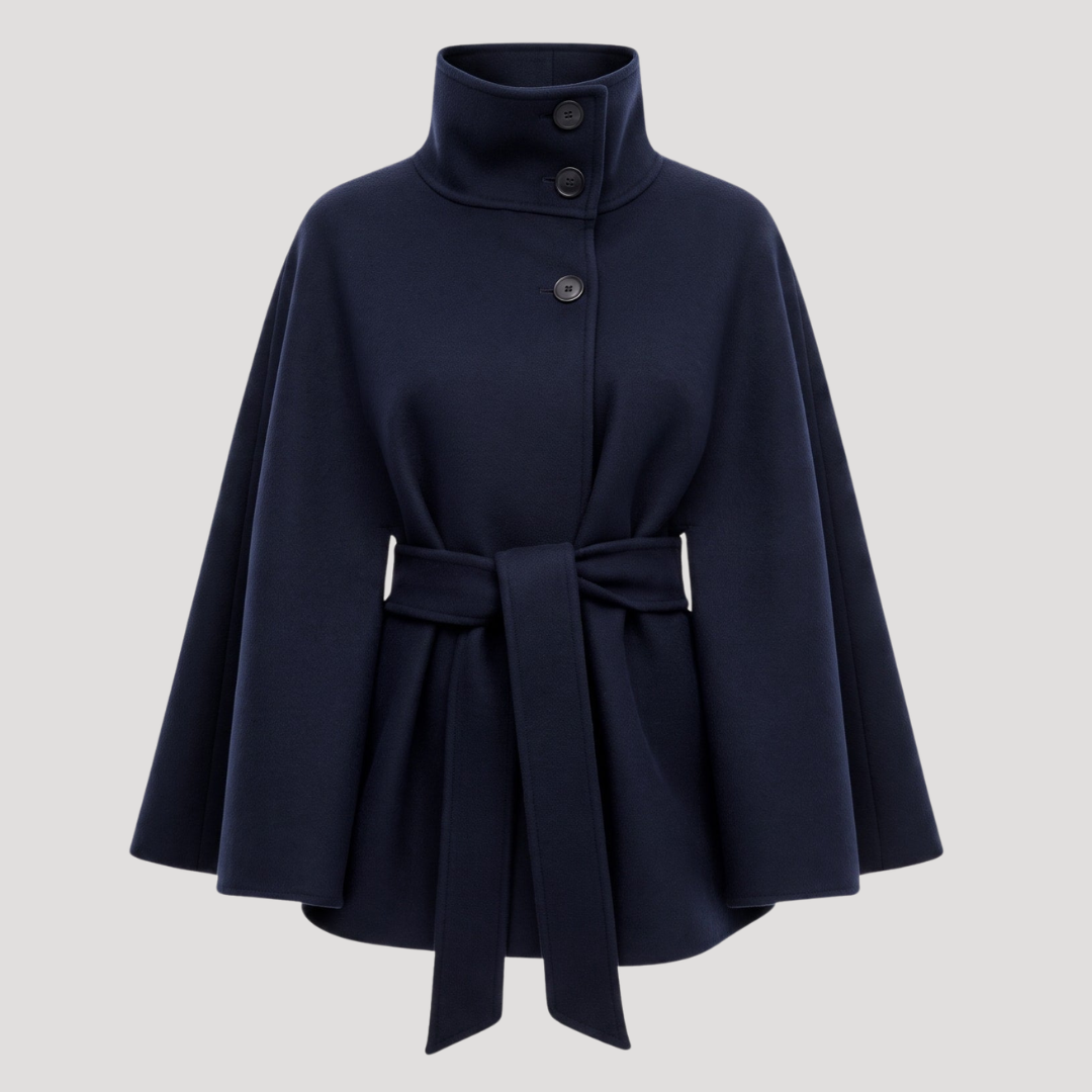 Manteau femme coupe cape à col montant et ceinture à nouer – Bleu marine