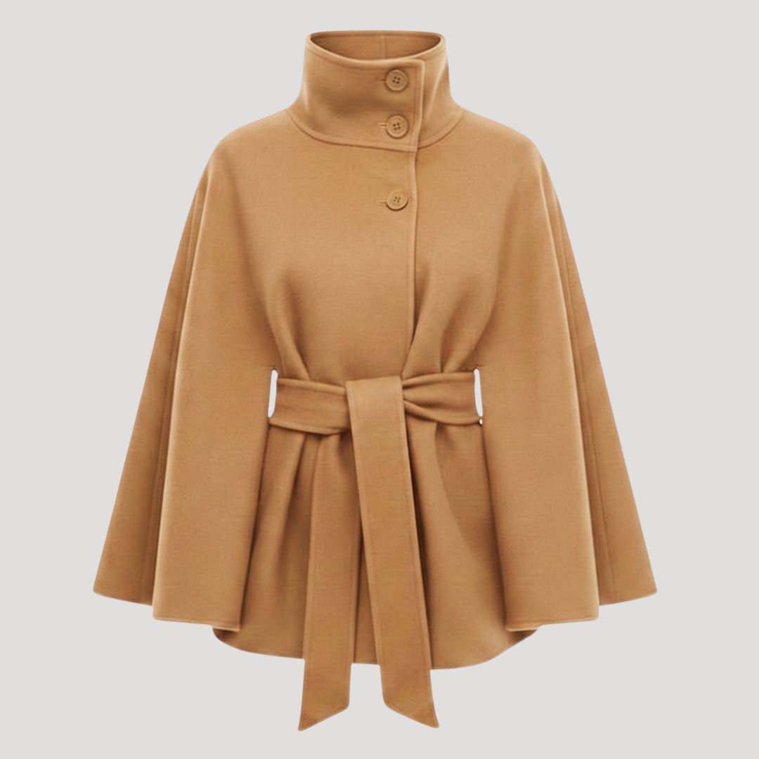 Manteau femme coupe cape à col montant et ceinture à nouer – Kaki