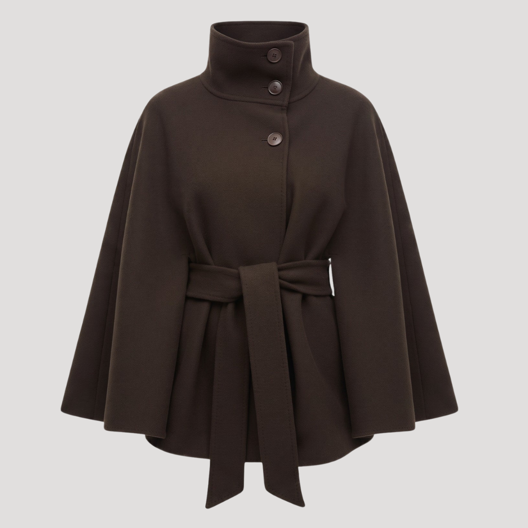 Manteau femme coupe cape à col montant et ceinture à nouer – Marron