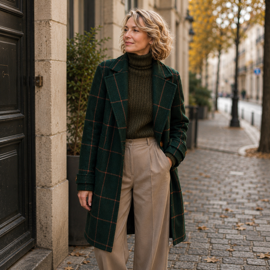 Manteau long femme à carreaux vert foncé boutonné