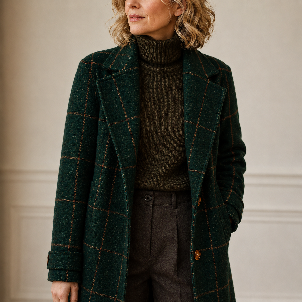Manteau long femme à carreaux vert foncé boutonné – Vert