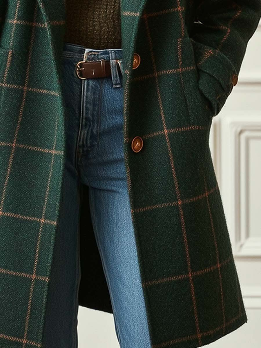 Manteau long femme à carreaux vert foncé boutonné