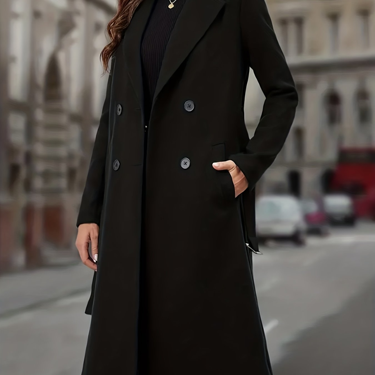 Manteau long femme ajusté à double boutonnage – Noir